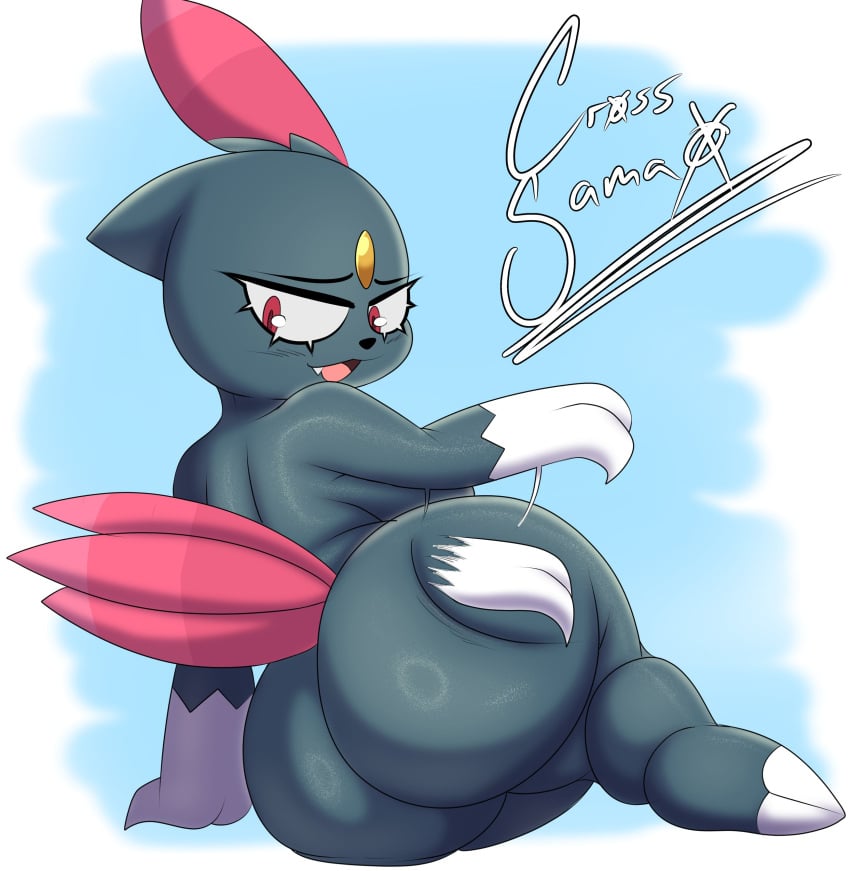 absurd_res anthro ass big_butt black_body breasts butt_slap cross_samax female generation_2_pokemon hi_res looking_at_viewer nintendo open_mouth pokemon pokemon_(species) red_eyes red_feather short_stack signature slap sneasel solo