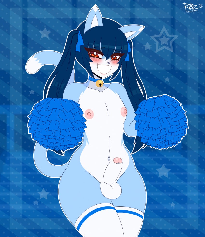 balls blizbel_blueberry blue_body blue_fur blue_hair blush choker clothing domestic_cat felid feline felis femboy fur genitals girly hair hi_res jewelry legwear male mammal necklace nipples penis pom_poms razplus red_eyes ribbons smug solo stockings twintails