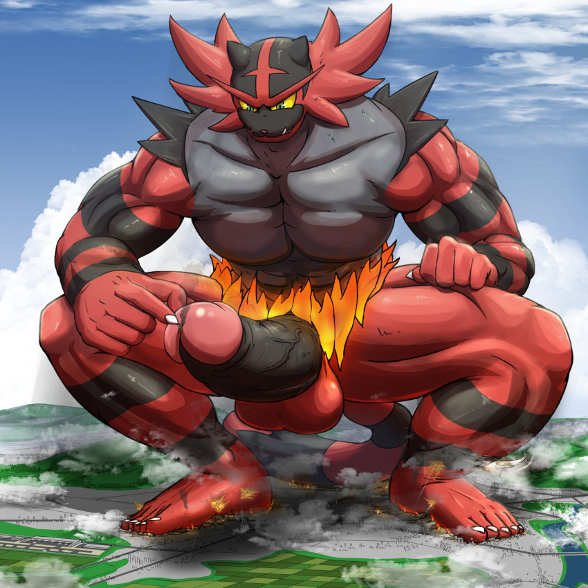 1:1 2021 5_toes aircraft airplane anthro balls big_balls big_penis black_penis city crouching destruction detailed_background digital_drawing_(artwork) digital_media_(artwork) erection feet front_view generation_7_pokemon genitals glans hi_res humanoid_genitalia humanoid_penis incineroar landscape_dwarfing macro male male_only masturbation mfive_(artist) muscular muscular_anthro muscular_male nintendo nude penile penile_masturbation penis pink_glans pokemon pokemon_(species) red_balls solo stomping toes urethral