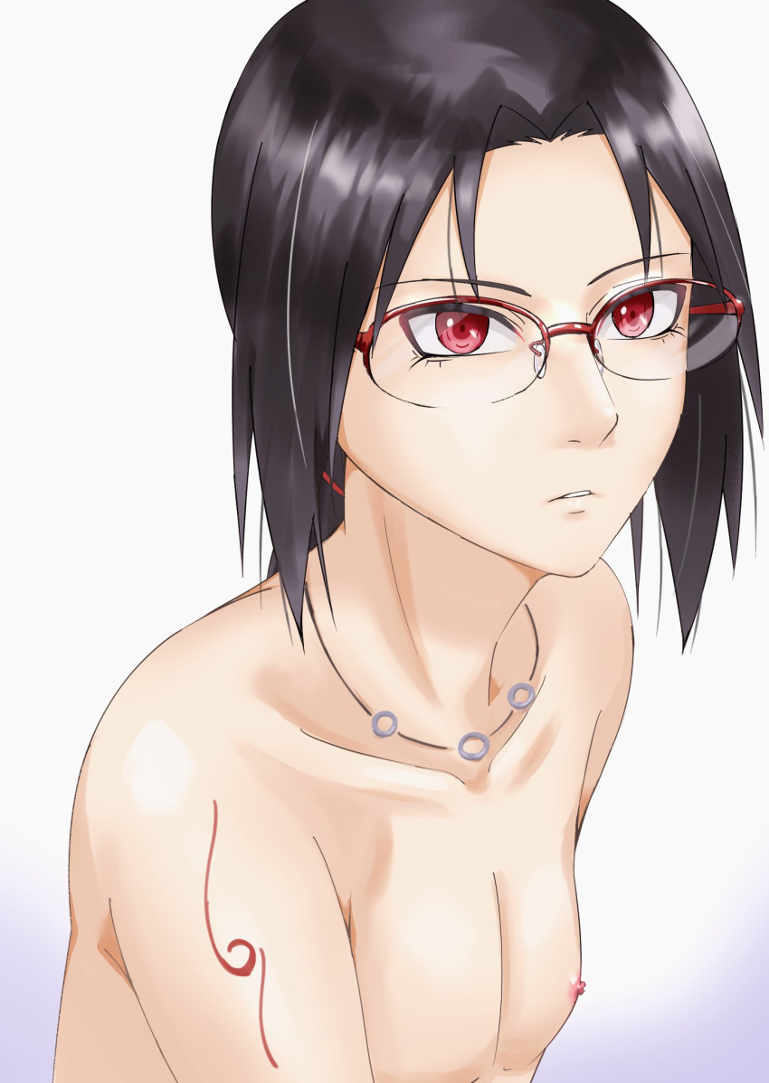 1boy androgynous arm_tattoo black_hair erect_nipples femboy feminine_male fujimi girly glasses hi_res high_resolution highres light-skinned_male light_skin male male_focus male_only naruto naruto_(classic) naruto_(series) naruto_shippuden necklace nipples pale-skinned_male pale_skin petite red_eyes shounen_jump solo solo_focus solo_male tattoo topless topless_male trap twink uchiha_itachi