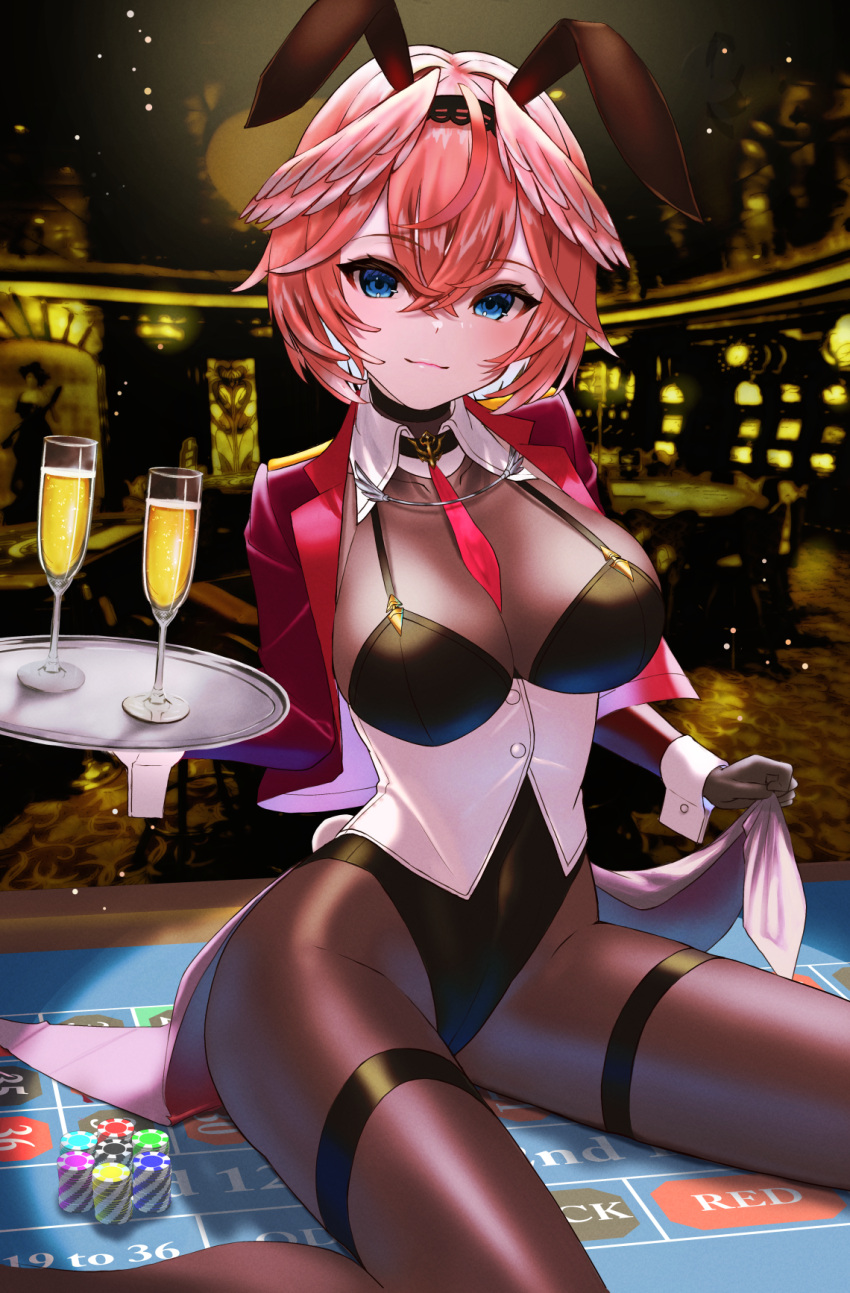 1girls black_leotard blue_eyes breasts bunny_ears casino cropped_jacket drinking_glass fake_animal_ears glass gloves holding_tray hololive hololive_japan holox inari_(ambercrown) jacket large_breasts leotard looking_at_viewer necktie open_jacket pantyhose pink_hair playboy_bunny poker_chip red_jacket roulette_table short_hair sitting sitting_on_table takane_lui thigh_strap tray virtual_youtuber waitress