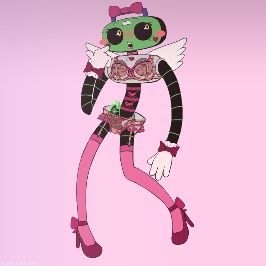 1:1 bot bow_tie bra cakes_(deltarune) clothed clothing crossdressing darkner deltarune deltarune_chapter_2 footwear genitals girly green_body green_clothing green_glans green_penis green_skin grey_body grey_clothing grey_skin hi_res high_heels humanoid humanoid_robot k.k. k_k k_k_(deltarune) legwear machine male male_only panties penis pink_background plantigrade raised_heel robot robot_humanoid robotic robotic_arm robotic_leg simple_background solid_color_background solo thigh_highs undertale_(series) underwear