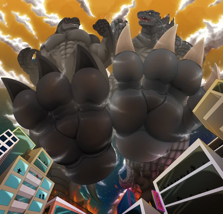 3_toes abs absurd_res anthro biceps biped building city city_destruction claws cloud destruction dinosaur dirty_feet duo english_text extreme_size_difference eye_contact feet fire fish fist foot_fetish foot_focus godzilla godzilla_(series) haplorhine hi_res in_hand king_kong looking_at_another low-angle_view macro male mammal marine monkey monsterverse muscular muscular_anthro muscular_male open_mouth orange_sky pecs primate reptile scales scalie shark size_difference soles stomping_pov teeth text theropod toe_claws toes toho typhek tyrannosaurid tyrannosaurus tyrannosaurus_rex xamz xavier_(xamz)