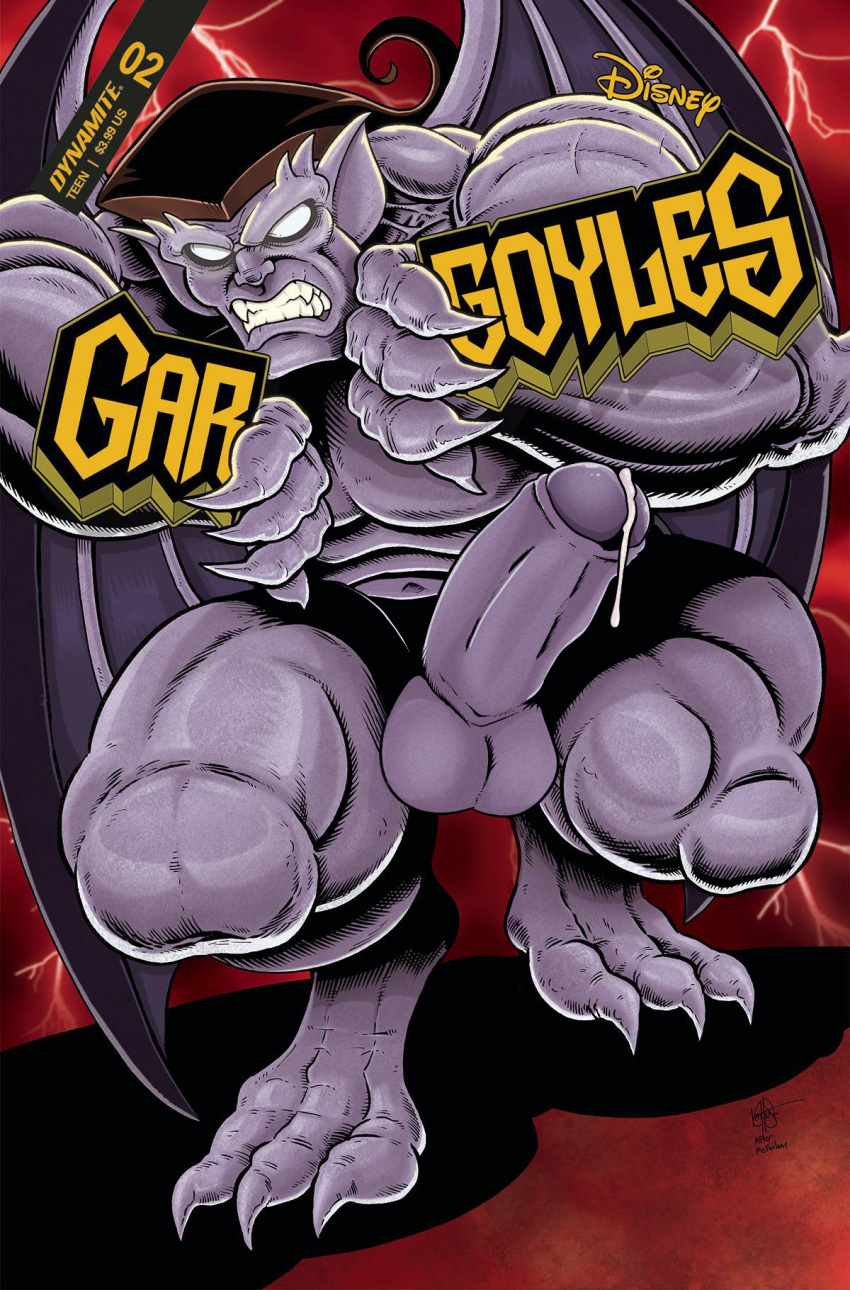 1boy 2023 balls bara big_muscles claws clenched_teeth cover disney edit empty_eyes english_text erection fangs foreskin gargoyle gargoyles genitals goliath_(gargoyles) hair hi_res logo long_hair male male_only membrane_(anatomy) membranous_wings muscular muscular_male othelo penis purple_body solo teeth text wings