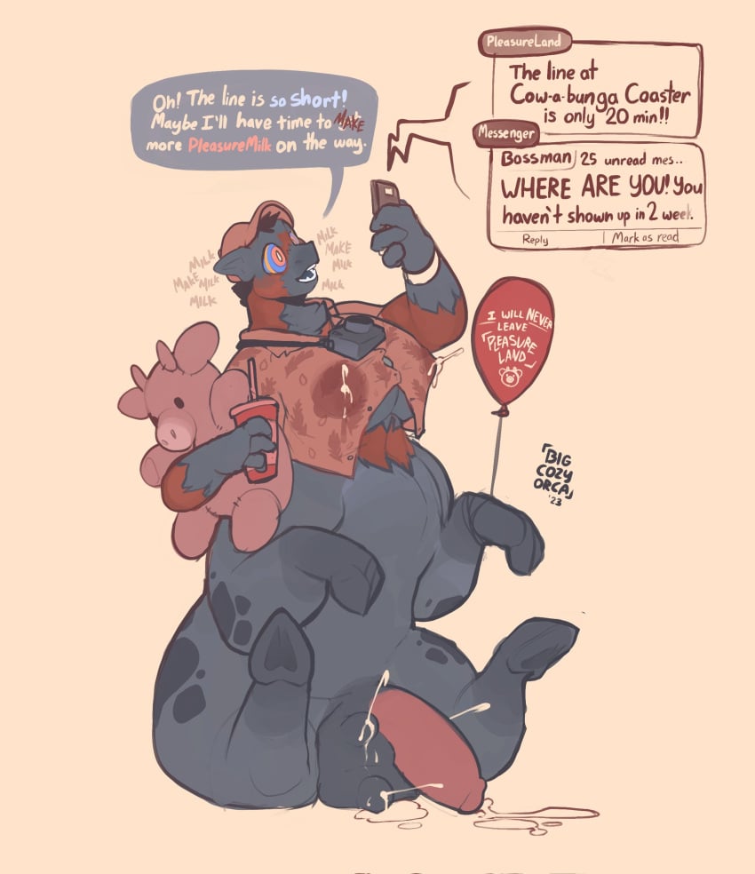 1futa 2023 anthro balloon beverage bigcozyorca black_body bodily_fluids bottomless bovid bovid_taur bovine bovine_taur breasts camera cattle cattle_taur clothed clothing dialogue digital_media_(artwork) english_text furry futanari genitals gynomorph hair hat headgear headwear hi_res hooves hypnosis inflatable intersex lactating lactating_through_clothing mammal mammal_taur mind_control mottled open_mouth paws penis phone plushie shirt signature simple_background solo taur teats text topwear transformation udder_balls udder_lactation udders wet wet_clothing