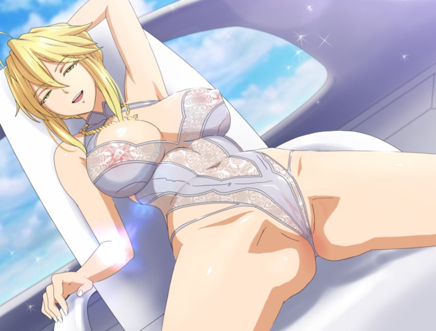 1girls akinoya artoria_pendragon artoria_pendragon_(lancer) artoria_pendragon_(swimsuit_ruler) artoria_pendragon_(swimsuit_ruler)_(second_ascension)_(fate) blonde_hair fate/grand_order fate_(series) green_eyes horny_female solo tagme