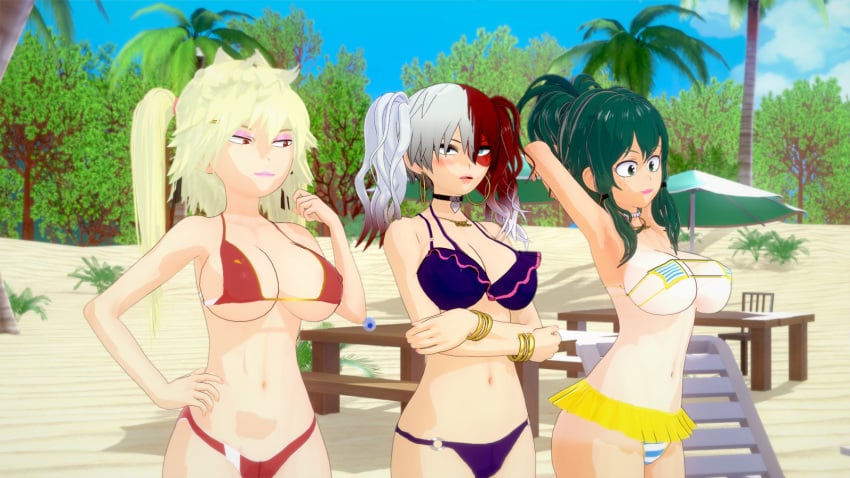 3d 3d_(artwork) 3girls adult_swim beach bikini earrings eight69 female female_bakugou female_deku female_only female_todoroki hoop_earrings izuku_midoriya katsuki_bakugou my_hero_academia rule_63 shouto_todoroki toonami