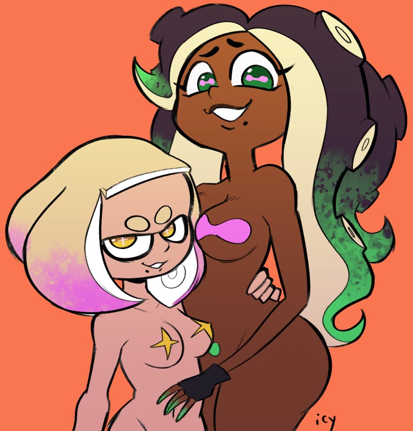 2girls cephalopod dark_skin duo female female_only humanoid inkling iseenudepeople light_skin marina_(splatoon) multiple_girls nude octoling off_the_hook pasties pearl_(splatoon) splatoon splatoon_2 tentacle_hair