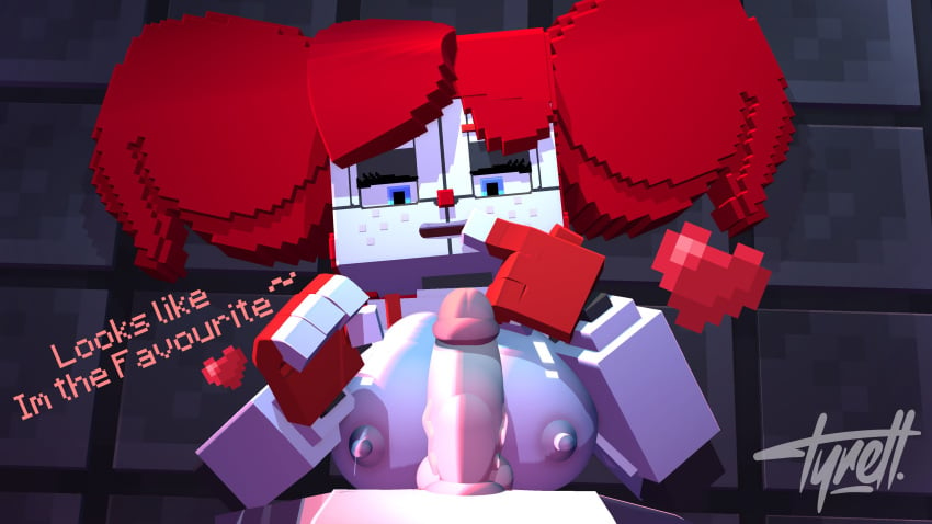 1boy 1girls 3d animatronic animatronic_girl baby_(fnafsl) blue_eyes breasts circus_baby circus_baby_(fnaf) circus_baby_(minecraft) erect_nipples erect_penis five_nights_at_freddy's five_nights_at_freddy's:_sister_location freckles horny_female human humanoid humanoid_penis looking_at_penis male_pov mine-imator minecraft outdoors ponytails pov red_gloves red_hair red_nose robot_girl smile straight tagme tyiscrazy