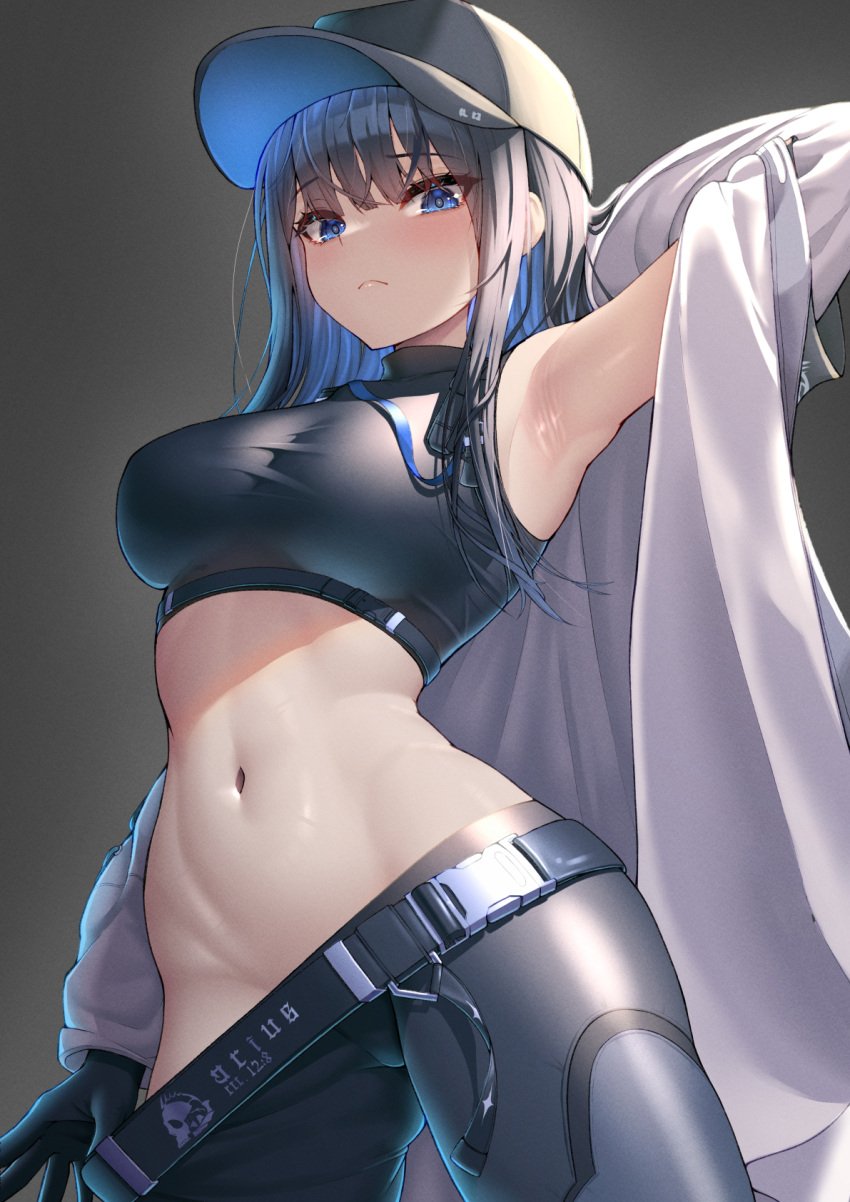 1girls armpits belly belly_button big_breasts blue_archive blue_eyes blue_hair breasts clothed clothing female female_only gloves hat highres innie_belly_button innie_navel looking_at_viewer midriff navel okayusonmu saori_(blue_archive) tummy