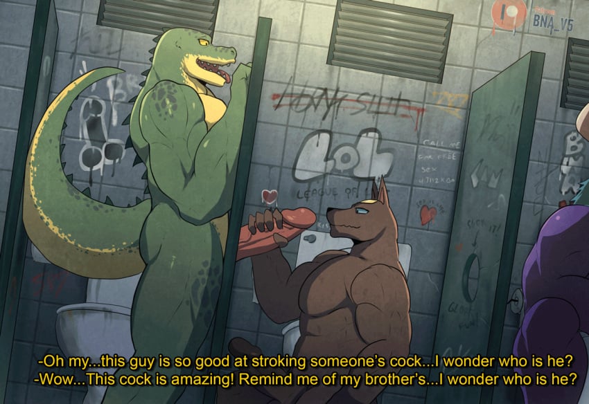 2023 2d_animation accidental_incest alistar animated anthro anthro_on_anthro bathroom bna_v5 brother brothers brown_body brown_fur canid canine canis crocodile crocodilian crocodylid dialogue duo_focus english_text engrish erection faceless_character fur genitals glory_hole graffiti green_body group handjob humanoid_genitalia humanoid_penis incest jackal league_of_legends male male/male mammal muscular muscular_anthro muscular_male nasus nude penile penis public_restroom renekton reptile riot_games scalie sex short_playtime sibling text toilet trio yaoi