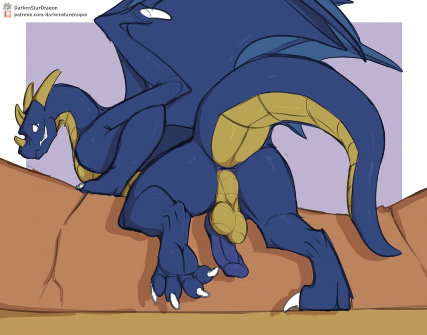 anus ass balls blue_body blue_scales darkenstardragon dragon erection facial_horn feet feral genitals grin hi_res horn male membrane_(anatomy) membranous_wings mikes nose_horn penis penis_backwards presenting presenting_hindquarters rear_view scales scalie smile solo teeth text url western_dragon wings