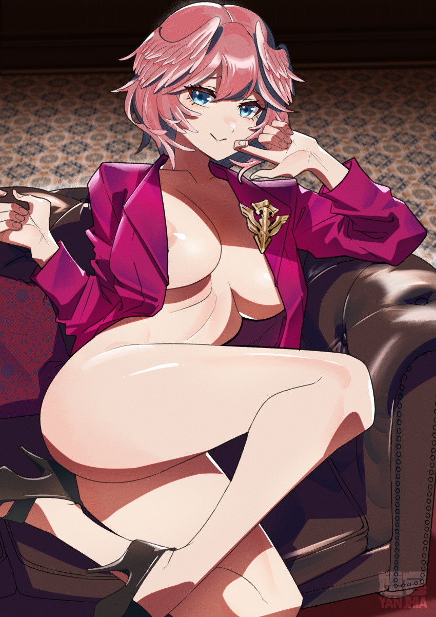 :> absurdres areola_slip armchair bangs blue_eyes bottomless breasts chair cleavage closed_mouth emblem female gen_uma_mai head_wings high_heels highres hololive hololive_japan holox indoors jacket large_breasts long_sleeves looking_at_viewer naked_jacket open_clothes open_jacket pink_jacket red_hair short_hair signature sitting smile solo takane_lui virtual_youtuber yanjhia