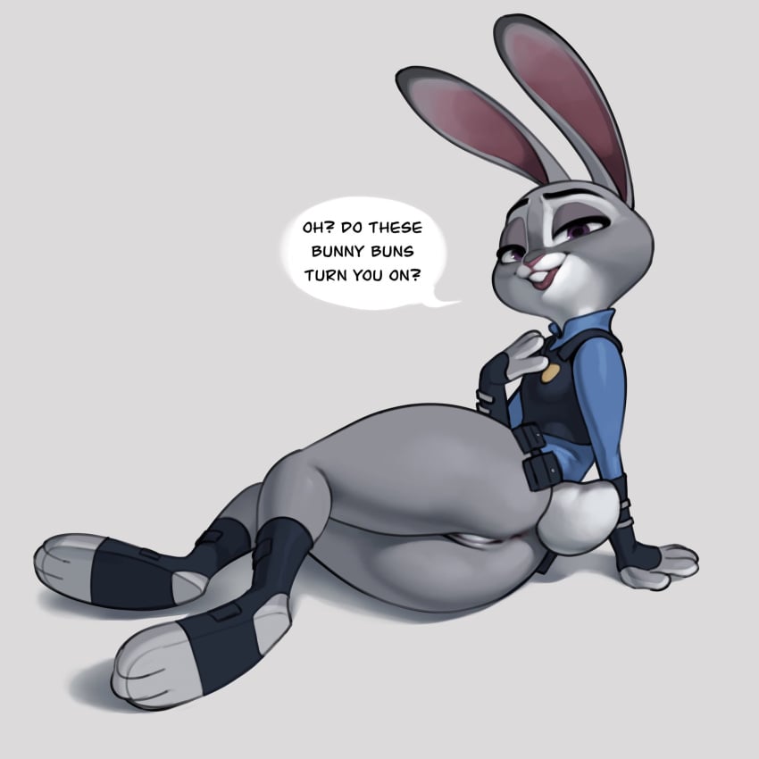 1:1 2020s 2023 3_toes 4_fingers anthro anus ass bottomless clothed clothing dialogue disney english_text eyebrows feet female fingers footwear fur furry furry_only genitals gloves grey_background grey_body grey_fur handwear hi_res judy_hopps lagomorph leporid long_ears looking_at_viewer looking_back looking_back_at_viewer mammal multicolored_body multicolored_fur open_mouth open_smile partially_clothed purple_eyes pussy qupostuv35 rabbit simple_background smile solo speech_bubble tail talking_to_viewer text thick_thighs toes topwear two_tone_body two_tone_fur white_body white_fur zootopia