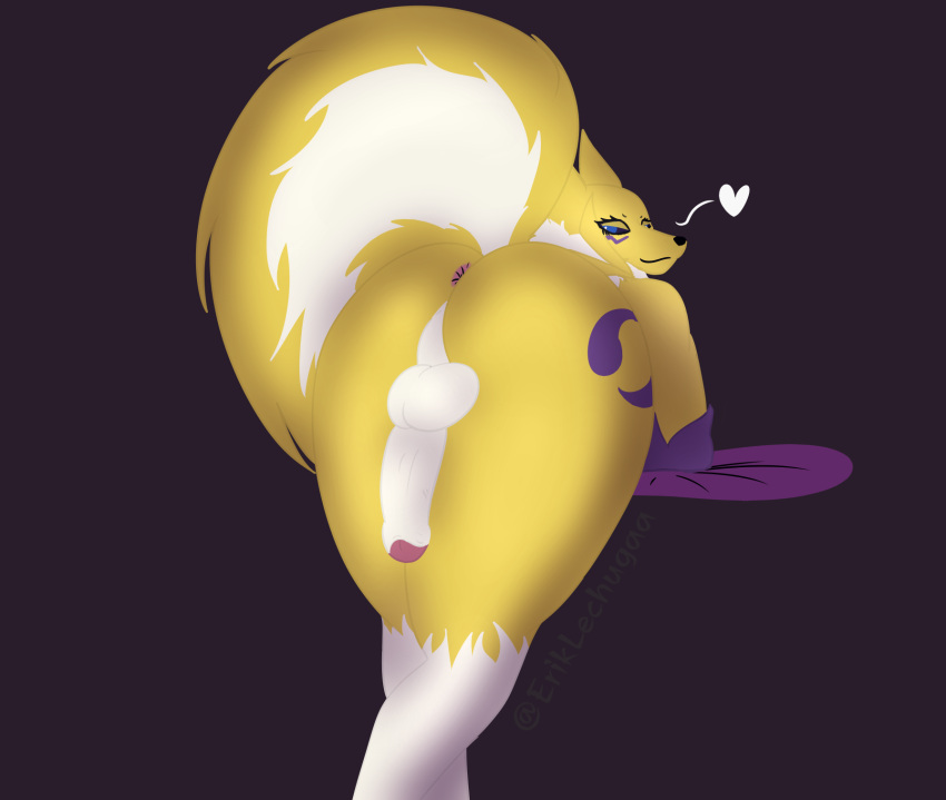 anthro anus ass backsack balls bandai_namco big_balls big_butt big_penis digimon digimon_(species) eriklechugaa genitals girly heart hi_res looking_at_viewer looking_back male male_only penis presenting renamon solo yellow_body