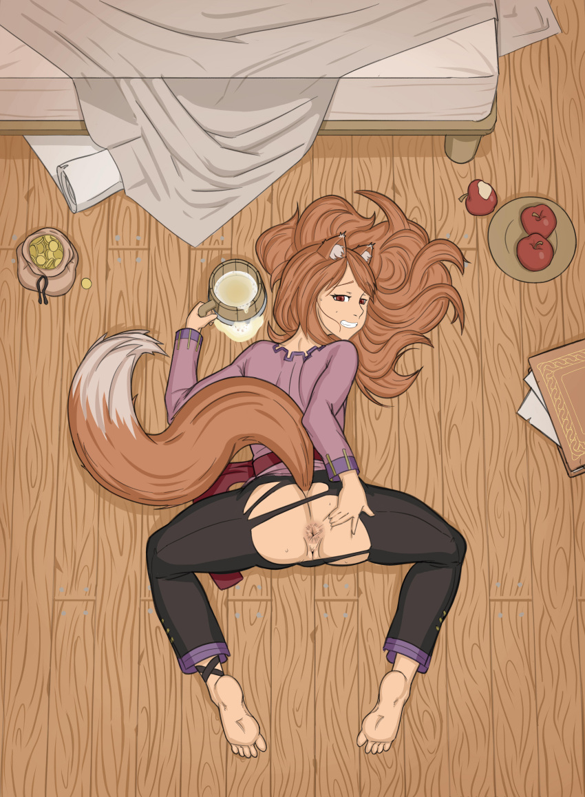 1girls anal anal_invitation animal_ears anus apple ass ass_focus bed bedroom beer book brown_hair clothed female female_only holo lying_on_floor red_eyes seductive_look seductive_smile solo sovoy spice_and_wolf tail torn_clothes torn_pants wolf_ears wolf_girl wolf_tail