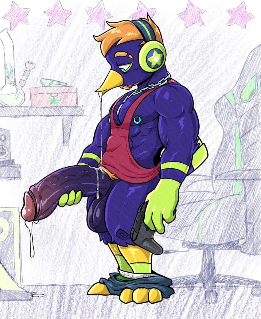 1boy animal_crossing anthro avian balls beak beard big_balls big_penis bird blue_body blue_feathers bodily_fluids bong bottomwear bottomwear_down clothed clothing controller cum cum_drip dripping drugs erection facial_hair feathers gaming_chair gay genital_fluids genitals hair headphones hexdisciple hi_res huge_cock humanoid_genitalia humanoid_penis jacques_(animal_crossing) male male_only muscular muscular_anthro muscular_male nintendo nipple_piercing nipples orange_hair pants pants_down partially_clothed penis piercing saliva saliva_on_penis saliva_string shirt solo spitting tank_top topwear underwear underwear_down