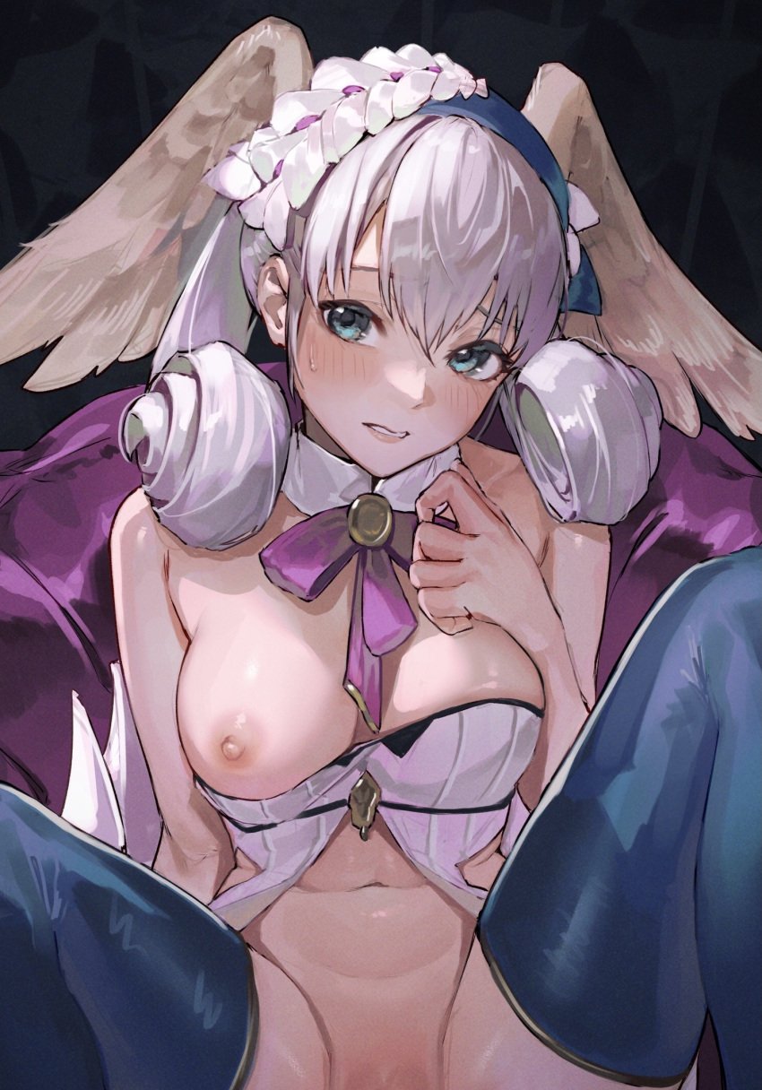 1girls absurd_res asymmetrical_hair bangs bare_arms blue_eyes blue_thighhighs blush bottomless breasts breasts_out cleavage dress embarrassed feathers female female_only functionally_nude hair_ornament hairband high_entia highres large_breasts long_hair melia_antiqua midriff navel nervous nintendo nipples nude nude_female on_back on_bed purple_ribbon queen ribbon royalty shiny_clothes short_dress silver_hair sooon spread_legs sweat thigh_boots thighhighs thighs twintails undressed undressing white_dress wings wings_on_head xenoblade_(series) xenoblade_chronicles