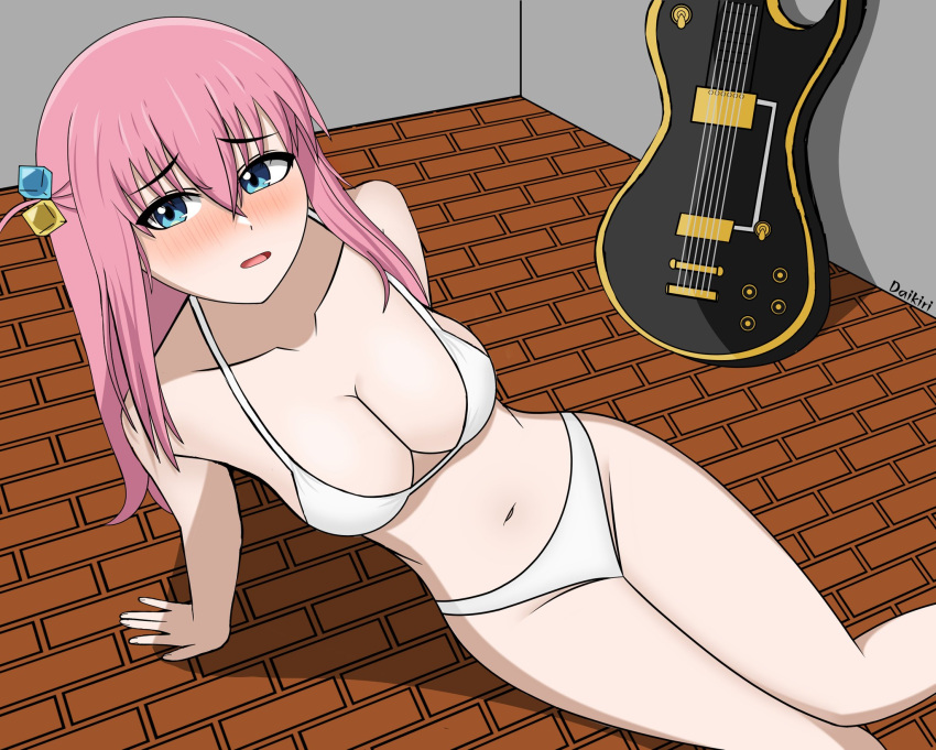 blue_eyes blush bocchi_the_rock! breasts daikiri_di_mon electric_guitar gotou_hitori guitar musical_instrument pink_hair white_panties