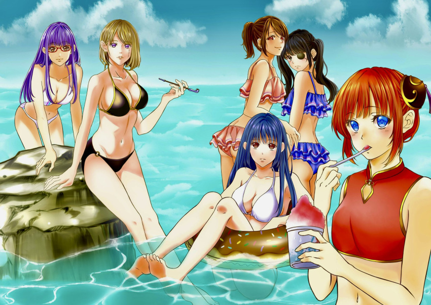 6+girls 6girls alternate_costume barefoot big_breasts bikini black_bikini black_hair blonde_hair blue_bikini blue_eyes blue_hair blush breasts brown_eyes brown_hair bun_cover chinese_clothes cleavage crop_top double_bun eating eye_patch facial_scar feet female female_only food frilled_bikini gintama glasses hair_down hair_ornament imai_nobume innertube kagura_(gintama) kiseru long_hair looking_at_viewer medium_breasts mole_under_eye multiple_girls ocean orange_hair partially_submerged pink_bikini pipe ponytail purple_eyes purple_hair red_eyes sarutobi_ayame shimura_tae short_hair small_breasts smile smoking_pipe soles swimsuit swimwear tsukuyo twintails water white_bikini yagyuu_kyuubei