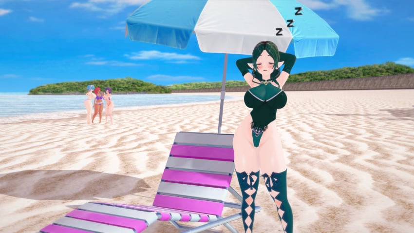 3d 4girls alternate_costume arms_behind_head bernadetta_von_varley bikini blue_hair bluueygooey breasts cleavage closed_eyes curvy dark-skinned_female dark_skin female female_only fire_emblem fire_emblem:_three_houses green_one-piece_swimsuit green_swimsuit hapi_(fire_emblem) huge_breasts large_breasts light-skinned_female multicolored_hair multiple_girls nintendo norina one-piece_swimsuit original outdoors peri_(fire_emblem) purple_bikini purple_hair purple_swimsuit red_hair revealing_clothes sleeping solo_focus standing swimsuit thighhighs twintails voluptuous