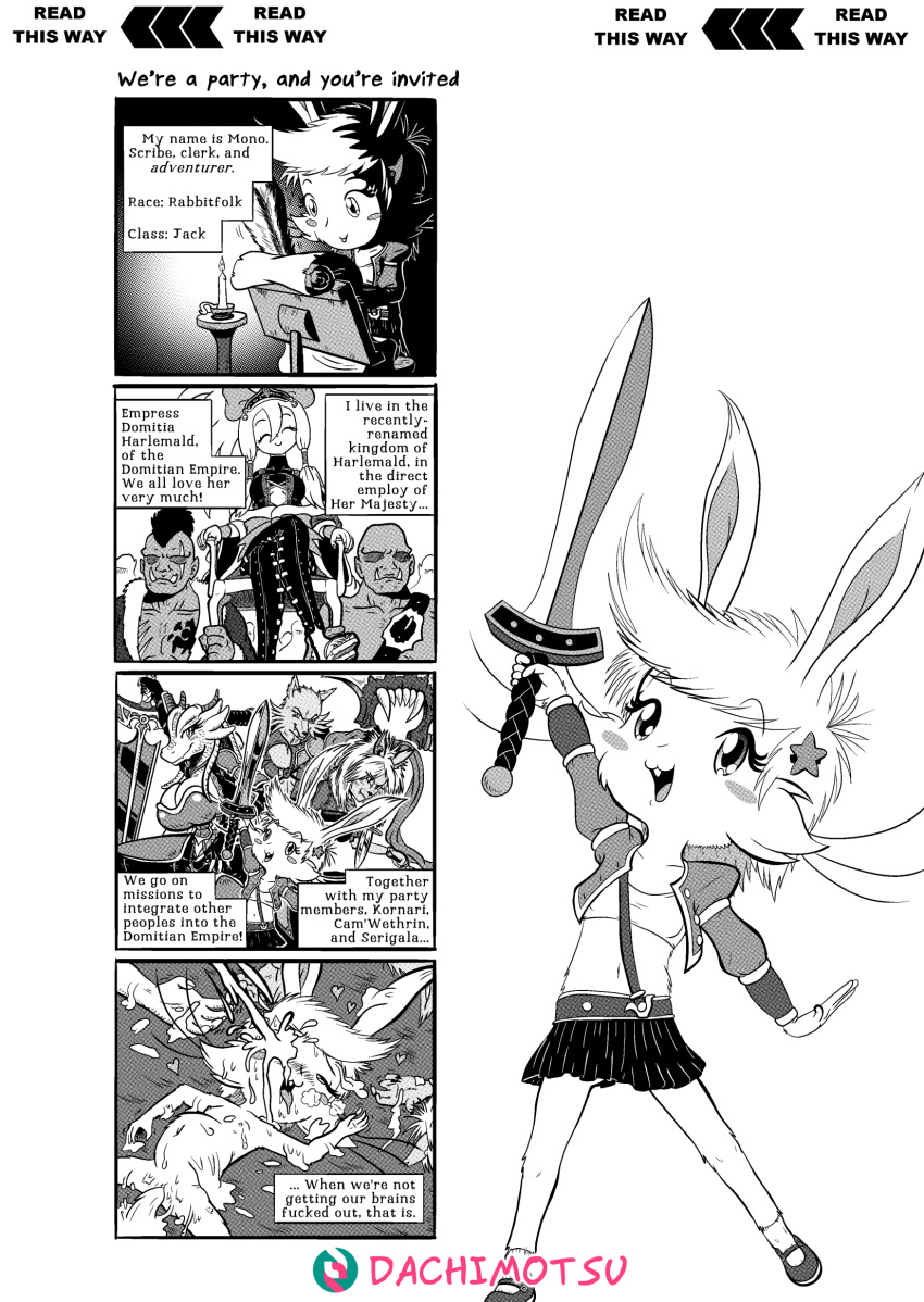 accessory ahe_gao animal_humanoid anthro armor big_breasts black_and_white blush bodily_fluids boots bottomwear bow_ribbon breasts bukkake cam'wethrin candle canid canid_humanoid canine canine_humanoid cat_humanoid clothed clothing comic cum cum_in_pussy cum_inside cum_on_face dachimotsu dagger domitia_(dachimotsu) dragon dragon_humanoid english_text felid felid_humanoid feline feline_humanoid female fingerless_gloves footwear genital_fluids genitals gloves greataxe greatsword group hair_accessory hair_ribbon hairbow handwear heart hi_res human humanoid inflation kornari_vor_(dachimotsu) lagomorph lagomorph_humanoid legwear leporid_humanoid looking_pleasured loose_feather male mammal mammal_humanoid manga melee_weapon mohawk mono_(dachimotsu) monochrome nude orc orc_male profanity pussy quill rabbit_humanoid ribbons right_to_left scarf screentone serigala_(dachimotsu) skirt small_breasts spatha sword text thigh_boots thigh_highs we're_a_party_and_you're_invited! weapon wolf_humanoid yonkoma