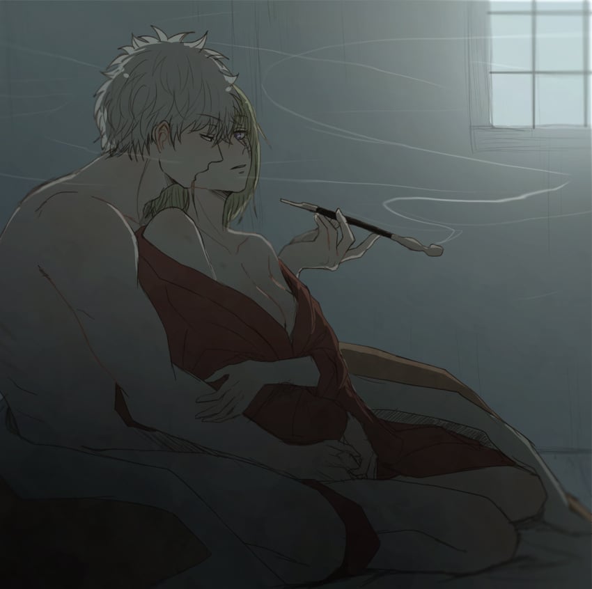 1boy 1girls after_sex blonde_hair cleavage clothed_female_nude_male facial_scar female from_behind gintama gintoki_sakata hair_down intimate kimono kiseru male mo_mo_rice nude_male off_shoulder open_kimono pipe sitting smoke smoking smoking_pipe tsukuyo