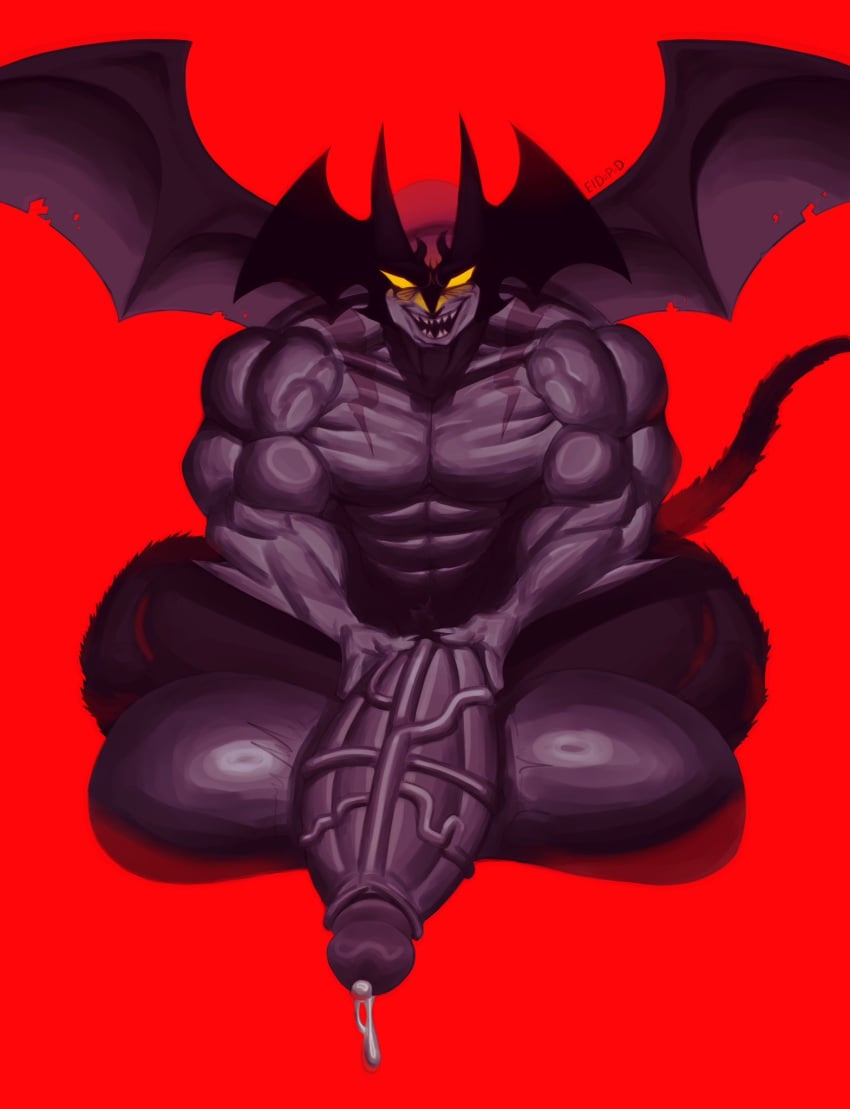 1boy akira_fudou balls big_balls big_penis bodily_fluids cum cum_drip dark_body dark_skin demon devilman diipiid dripping eldiipiid genital_fluids genitals hairy_legs hi_res horn huge_balls huge_cock humanoid hyper hyper_balls hyper_genitalia hyper_penis male male_only markings membrane_(anatomy) membranous_wings muscular muscular_male penis solo wings yellow_eyes