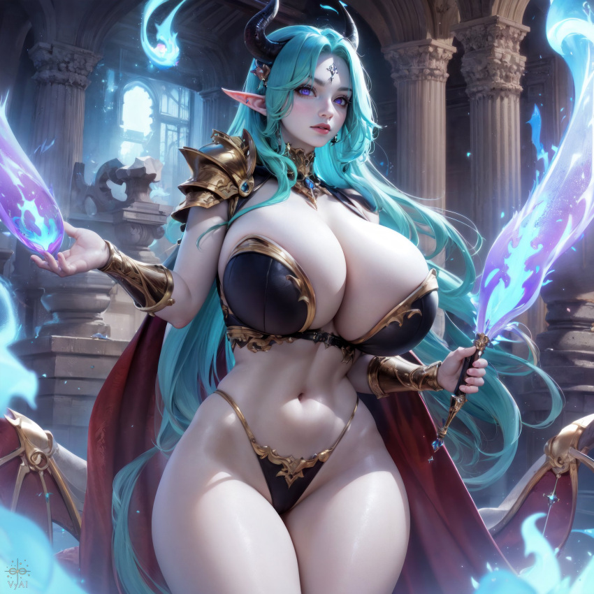 1girls 2023 ai_generated artist_logo bikini bikini_armor black_bikini blue_fire blue_flame blue_hair breasts cape columns cropped_legs curvaceous curvy_body curvy_female curvy_figure earrings elf elf_ears elf_female female female_only flaming_sword hi_res holding_object holding_sword holding_weapon horned_female horned_humanoid horns hourglass_figure huge_breasts humanoid humanoid_only indoors jewelry legs_together light-skinned_female light-skinned_humanoid light_skin long_hair looking_at_viewer magic magic_user magical_fire magical_flame magical_girl magical_sword navel pauldron pointy_ears purple_eyes purple_fire red_cape seductive_look solo solo_female solo_humanoid stable_diffusion sword thick_thighs thighs very_long_hair vyai weapon