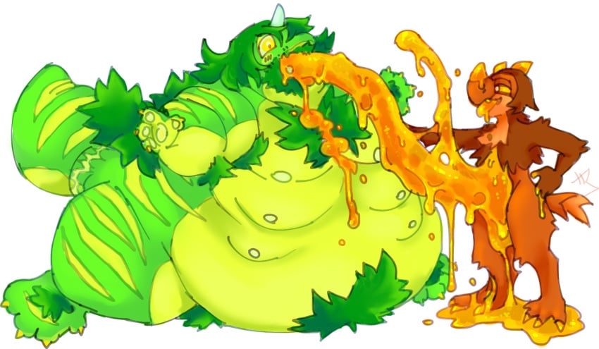 anthro beard bearded cuntboy dragon duo facial_hair feeding food gecko goo_creature hi_res honey_(food) horn hornthorns inflation intersex lizard male multi_nipple nipples obese overweight reptile scalie slime unicorn_horn weight_gain xanthias_akrid xloaca