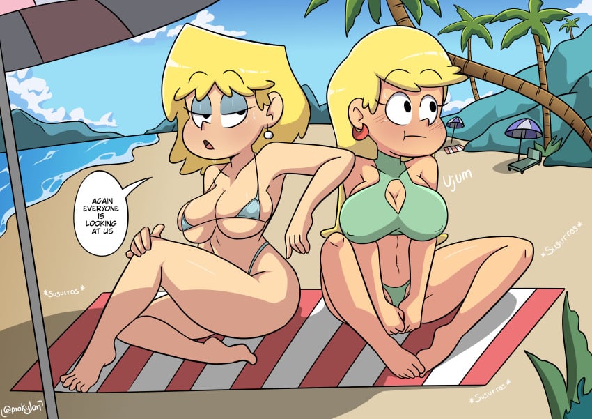 2girls big_breasts bikini curvy duo female female_only high_resolution human human_only leni_loud light-skinned_female light_skin lori_loud micro_bikini one-piece_swimsuit prokylan sisters tagme teenager teeth the_loud_house