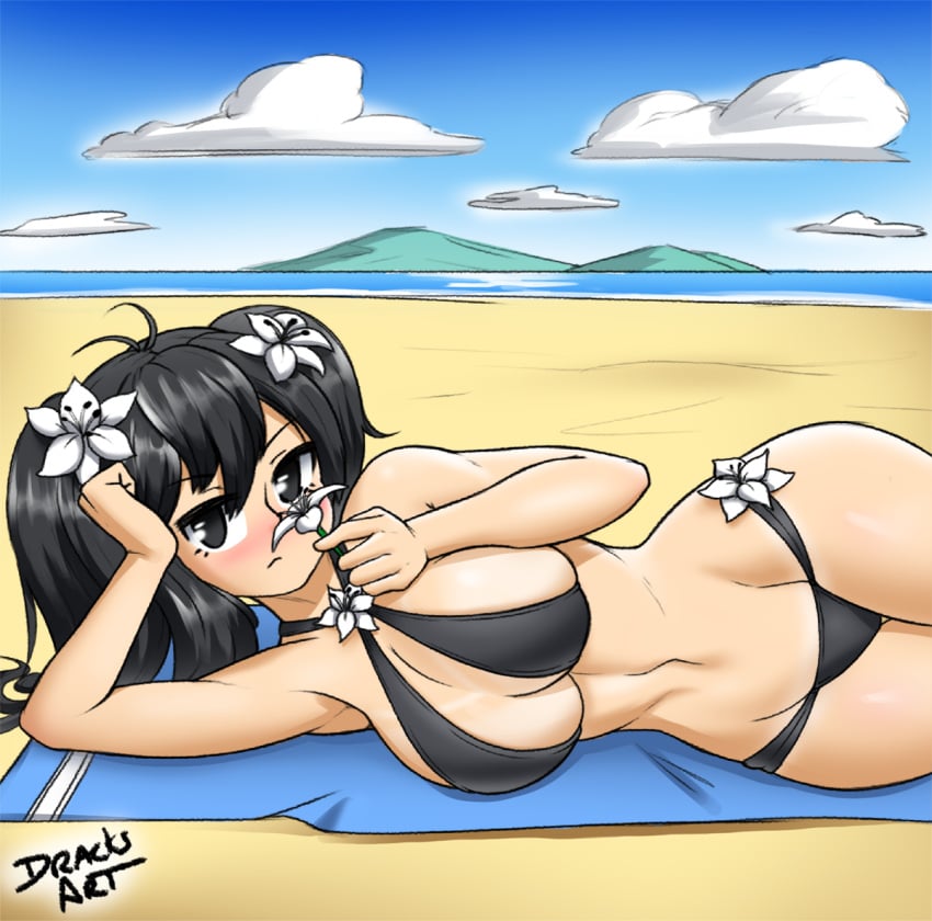 1girls arm_support artist_name beach big_breasts bikini black_bikini black_eyes black_hair blush breasts busty cleavage dracksart female female_only fubuki_(senran_kagura) large_breasts legs looking_at_viewer lying marvelous navel ocean senran_kagura sensual solo swimsuit thighs twintails voluptuous water