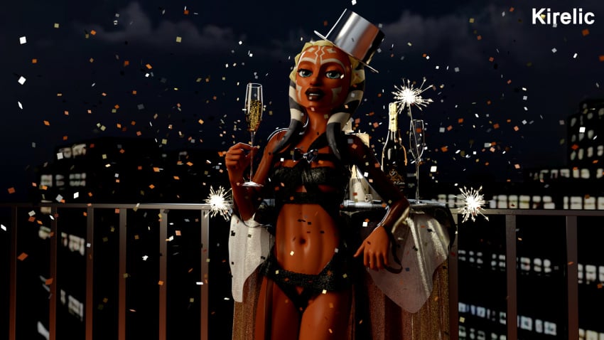 1girls 3d against_table ahsoka_tano alien alien_girl balcony big_breasts black_clothing black_lingerie blender blue_eyes bra breasts building cityscape clone_wars clothed clothing face_markings facial_markings female female_focus female_only fireworks glass hat headwear holding_glass kirelic lekku lekku_(anatomy) lingerie new_year orange_body orange_skin outdoors panties petite petite_body pose posing side_view small_breasts solo solo_female solo_focus standing star_wars table the_clone_wars:_season_one togruta underwear watermark wine_glass