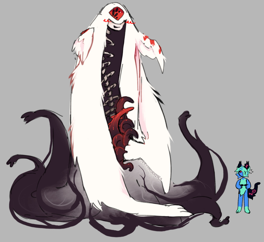 ambiguous_gender body_horror duo genitals hi_res looking_at_another looking_at_viewer mammal mmhorrors monster penile_spines penis penis_tentacles size_difference smile spine tentacle virus_(mmhorrors) wings