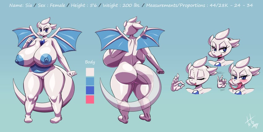 absurd_res anthro ass big_breasts big_butt blue_eyes breasts dragon female frill_(anatomy) genitals hi_res huge_breasts humanoid naughty_face pussy sia_(ninstarrune) solo tail thick_thighs toto_draw white_body wings