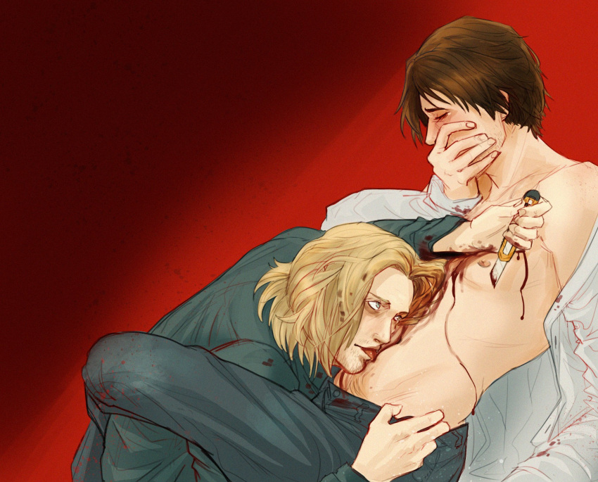 2boys bizzaroren blonde_hair blood box_cutter brown_hair closed_eyes covering_mouth covering_self drinking_blood guro hand_over_own_mouth henry_townshend knife licking male male_only off_shoulder open_shirt red_background silent_hill silent_hill_4 stabbing stubble walter_sullivan weapon yaoi