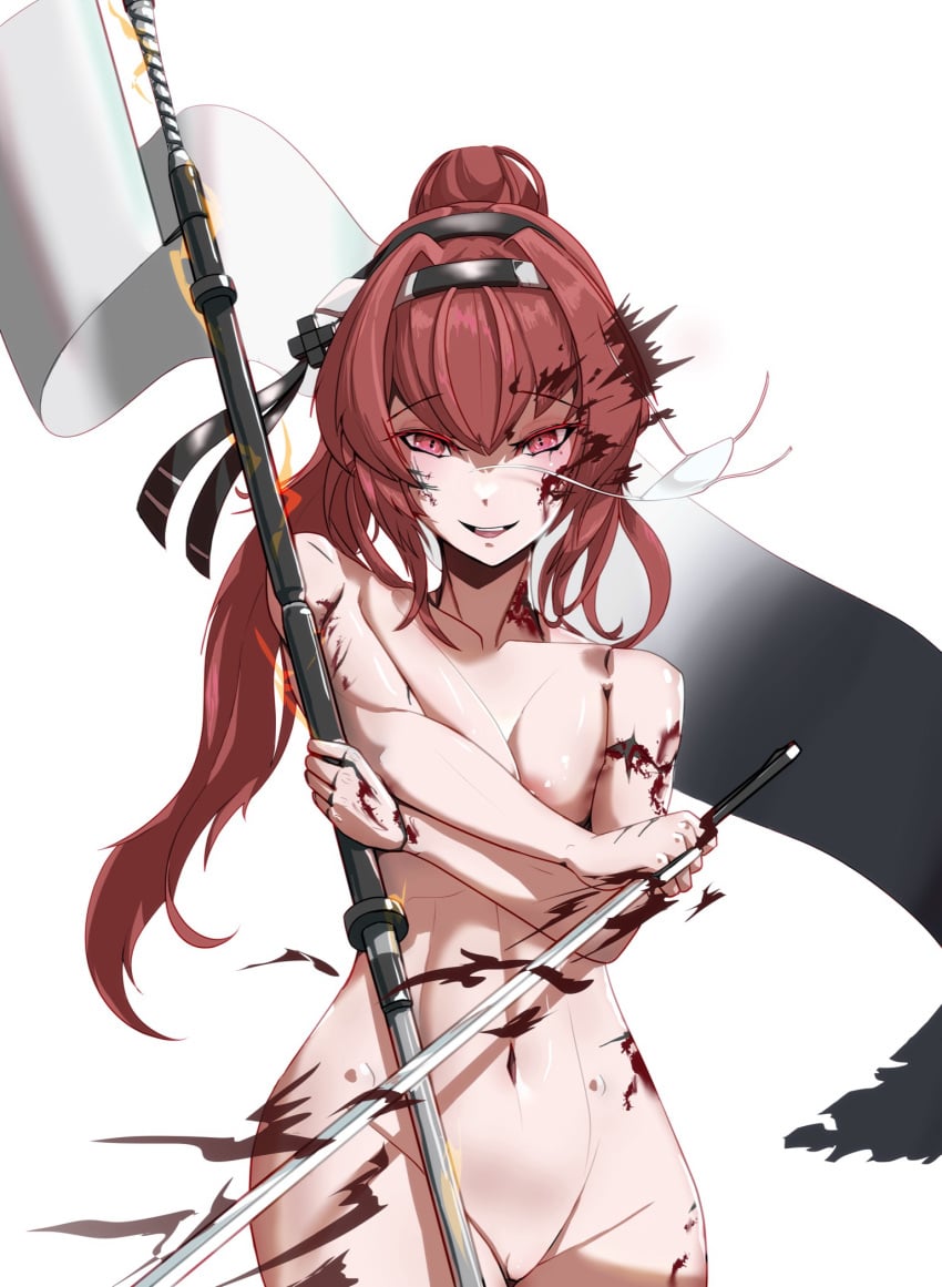 1girls banner blood blush breasts completely_nude crazy_eyes eyepatch female glowing glowing_eyes goes_hard grin hair_ornament hairless_pussy highres masochism navel nipples nude ponytail punishing:_gray_raven red_eyes red_hair robot_girl solo standing sword vera_(punishing:_gray_raven) wounded アンナスイ