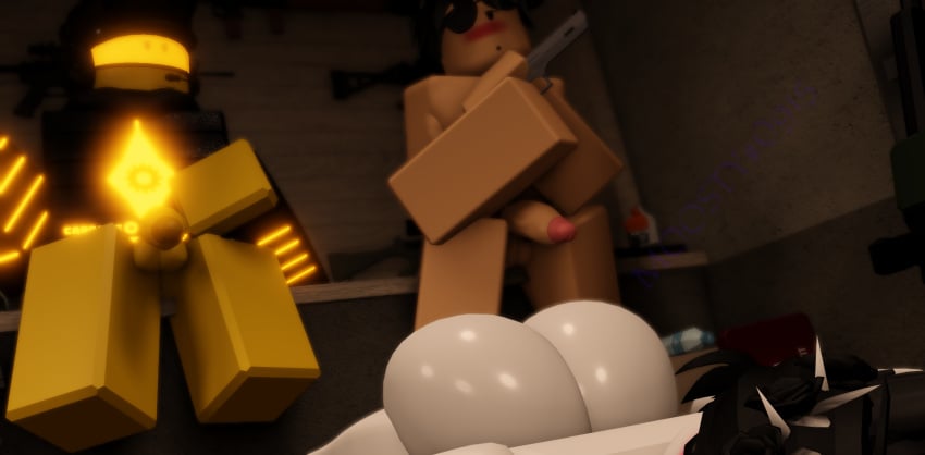 1girls 2boys 3d aftermath black_ears black_hair defeated dragon_lady_(moosty) glasses gun inside laying_down moosty roblox roblox_game robloxian self_upload tagme those_who_remain watching