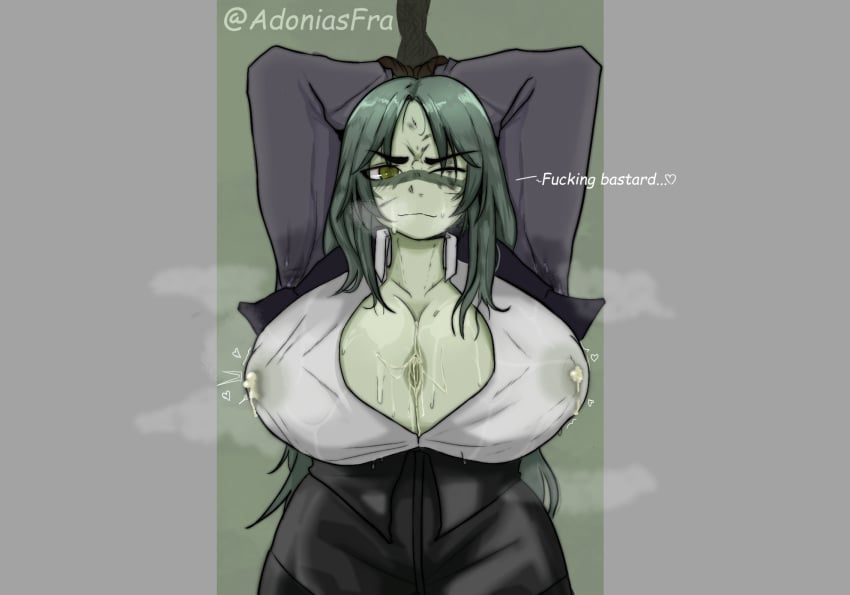 1girls adoniasfra after_paizuri cum cum_between_breasts deepwoken duke_erisia_(deepwoken) english_text green_eyes green_hair green_skin lactating lactation lactation_through_clothes roblox roblox_game rule_63 self_upload tagme twitter_username