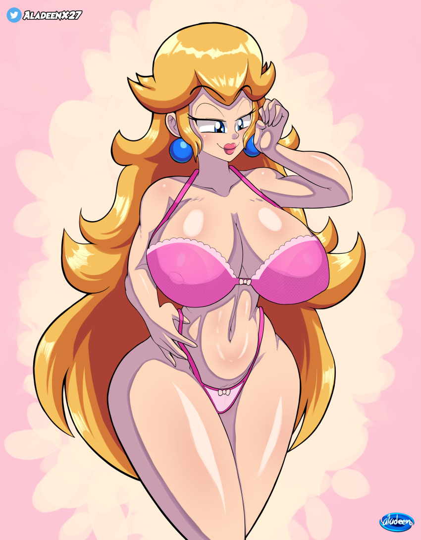 1girls aladeen artist_name big_breasts blonde_hair blue_eyes bra breasts busty child_bearing_hips cleavage curvy female female_only highres huge_breasts legs lips lipstick long_hair makeup mario_(series) navel nintendo pink_bra princess princess_peach smile thick_thighs thighs thong underwear voluptuous