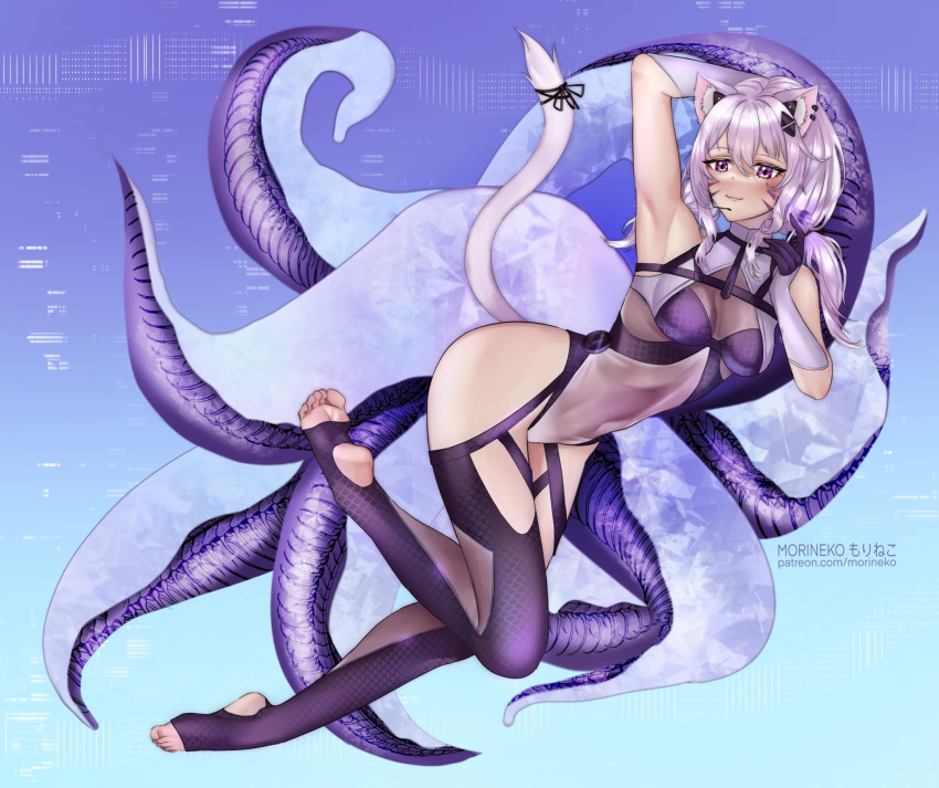 1girl animal_ears armpits artist_name bangs bare_shoulders barefoot blue_background blush breasts cat_ears cat_tail catgirl feet female_only full_body hair_between_eyes looking_at_viewer medium_breasts navel purple_eyes ribbon see-through short_hair smile solo squchan_(vtuber) stirrup_legwear tail tentacle tentacles toeless_legwear toes virtual_youtuber vyugen white_hair