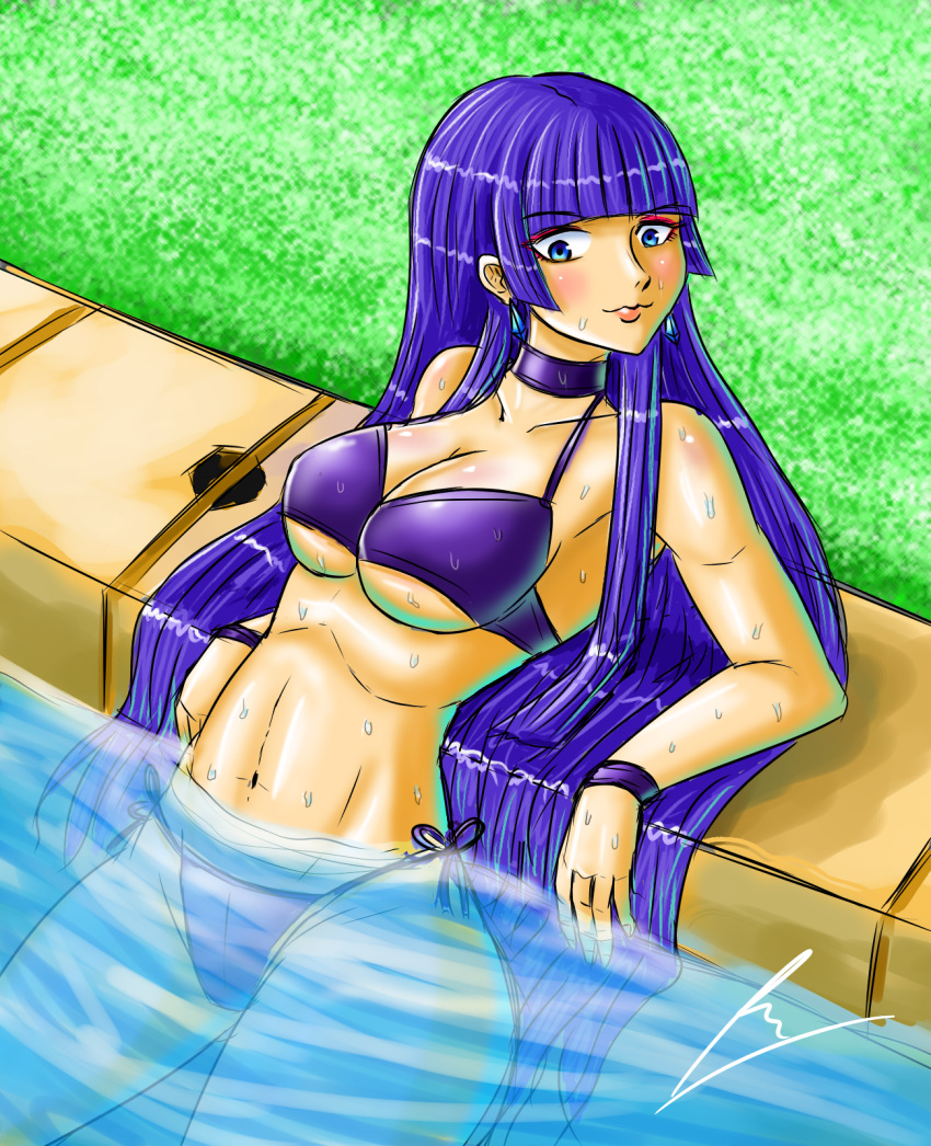 1girls artist_name big_breasts bikini borockman breasts busty cleavage female female_only highres large_breasts legs long_hair navel original pool purple_bikini purple_eyes purple_hair smile swimsuit thighs underboob water wet