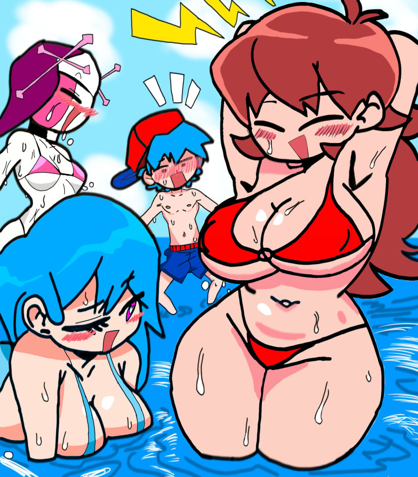 big_breasts bikini blue_hair blush blushing boyfriend_(friday_night_funkin) female friday_night_funkin girlfriend_(friday_night_funkin) heart-shaped_pupils mid-fight_masses mid_fight_masses nusky quavernsfw sarvente_(dokki.doodlez) sky_(friday_night_funkin)