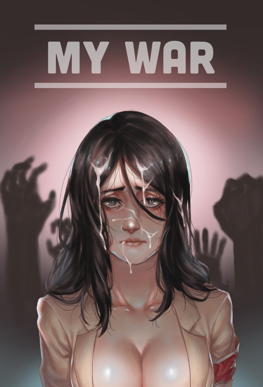 absurdres after_oral attack_on_titan black_hair breasts brown_eyes cleavage closed_mouth cover cover_page cum cum_on_face cum_on_hair doujin doujin_cover doujinshi english_text facial female hair_between_eyes hand_up highres jacket long_hair looking_at_viewer medium_breasts petite pieck_finger red_armband sharai sharai113 shingeki_no_kyojin solo_focus