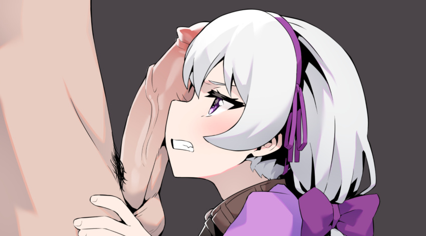 1boy 1girls annoyed clenched_teeth headband lyra_(stygian_flowers) penis purple_clothing purple_eyes ribbon short_hair stygian_flowers viroa white_hair