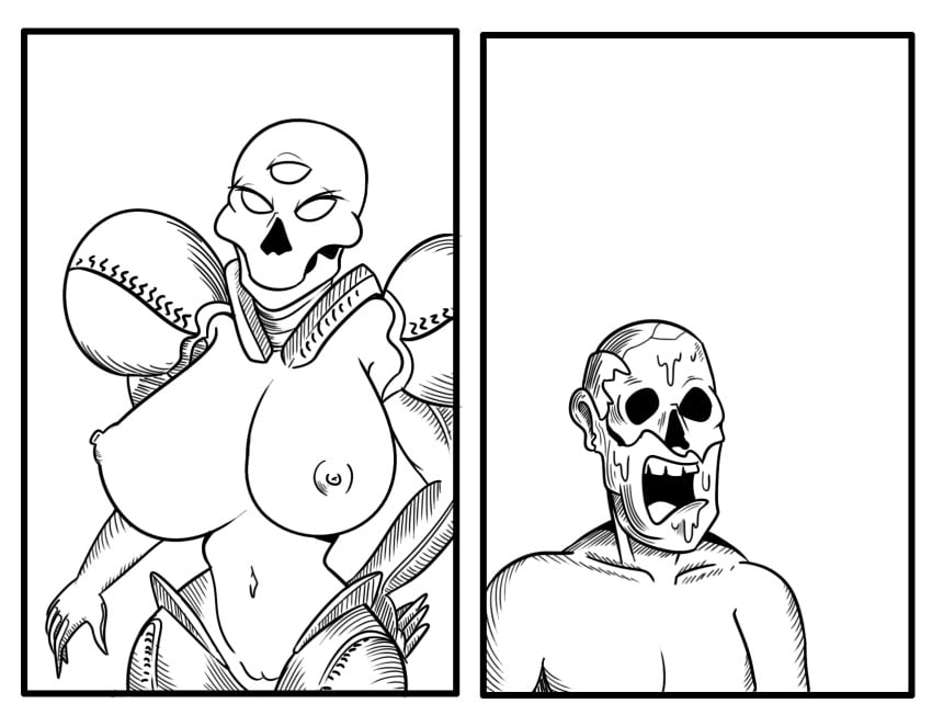 2021 2koma 3_eyes alien alien_humanoid anterior_nasal_aperture areola armor armored_dark_samus bald big_breasts black_and_white bone breasts comic dark_samus death duo eyeless female genitals goo_creature goo_humanoid hand_on_hip helmetless_dark_samus hi_res human humanoid male male_death mammal melted_skin metroid metroid_prime monochrome multi_eye nightmare_waifu nintendo open_mouth pussy radiation skull skull_head unknown_artist