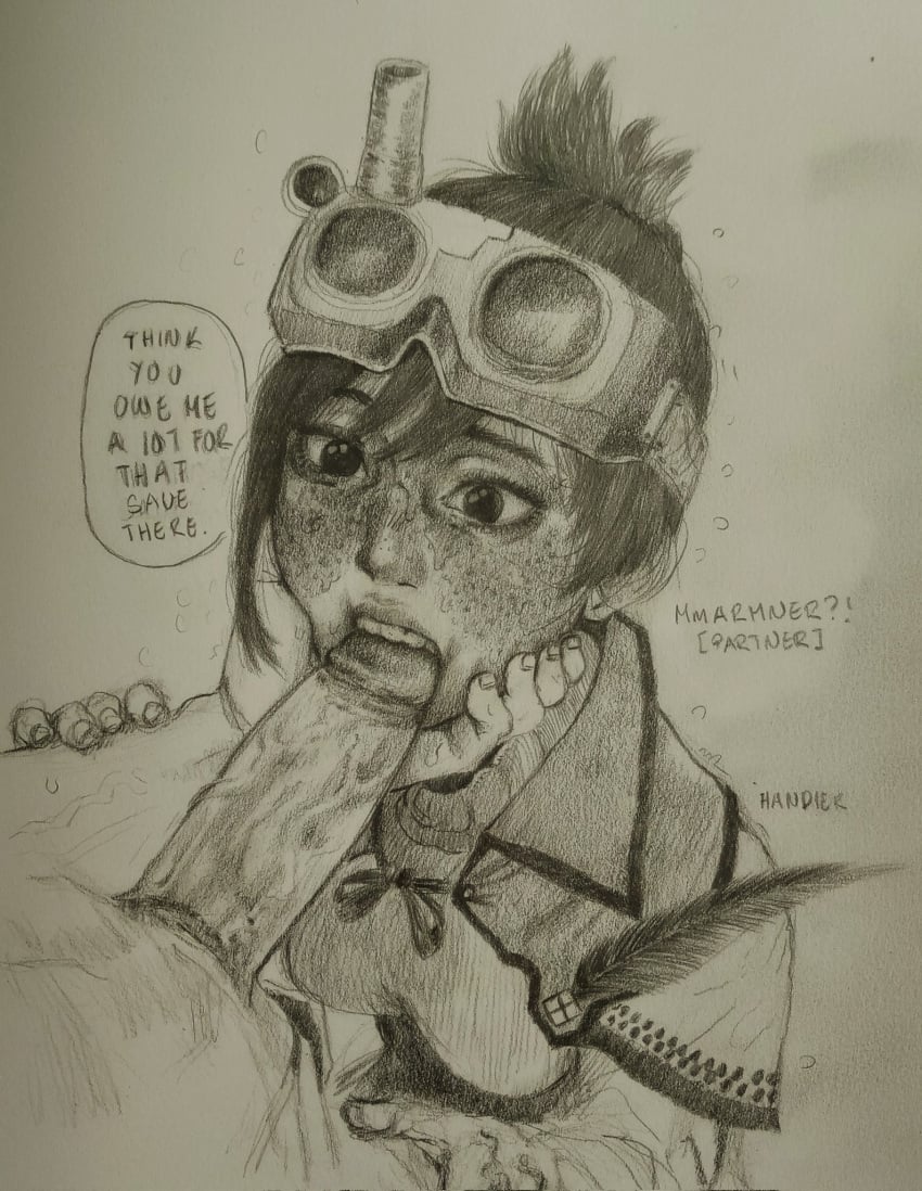 1boy 1girls blush clothed fellatio freckles goggles_on_head grabbing_face gritty_hotdog_(artist) handler_(monster_hunter_world) imminent_deepthroat looking_at_penis monster_hunter_world short_hair sweat text text_bubble traditional_media_(artwork)