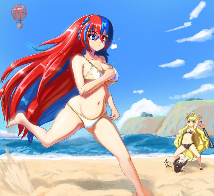 2023 2girls alear_(female)_(fire_emblem) alear_(fire_emblem) alternate_costume baseball_bat beach bikini black_bikini black_swimsuit blue_eyes blue_hair celine_(fire_emblem) cloud corrupted_(fire_emblem) dated female female_focus fire_emblem fire_emblem_engage hair_ornament heterochromia hot_air_balloon long_hair multicolored_hair nintendo outdoors profitshame red_eyes red_hair running sand solo_focus water watermark white_bikini white_swimsuit