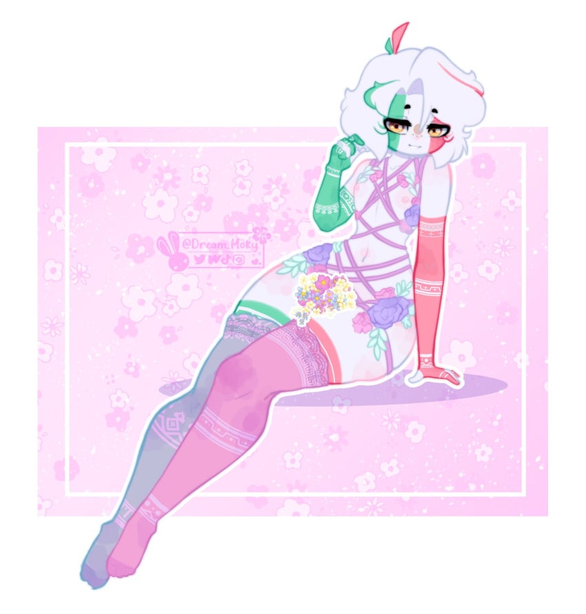 1boy censored countryhumans dream_moky femboy flower_background flower_on_chest flower_on_the_body lingerie mexico_(countryhumans) short_hair stockings white_hair