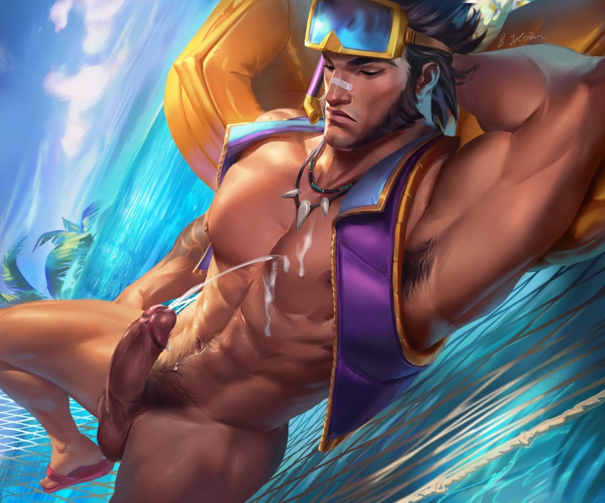 1boy abs absurdres armpit_hair armpits artist_name azalien bandaid bandaid_on_face bandaid_on_nose bara bich_hoan bichhoan black_hair bottomless closed_eyes cloud cum day ejaculation erection facial_hair flip-flops gay goggles goggles_on_head highres jarvan_iv_(league_of_legends) jewelry large_pectorals league_of_legends lying male male_focus male_pubic_hair male_swimwear_pull muscular muscular_male navel necklace nipples nude official_alternate_costume on_back outdoors pectorals penis pool_party_jarvan_iv pubic_hair purple_vest sandals short_hair sky solo thighs vest water yaoi